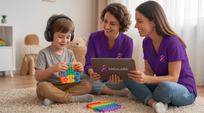 Equipe de terapeutas acompanha uma criança usando o Singularis no tablet.
