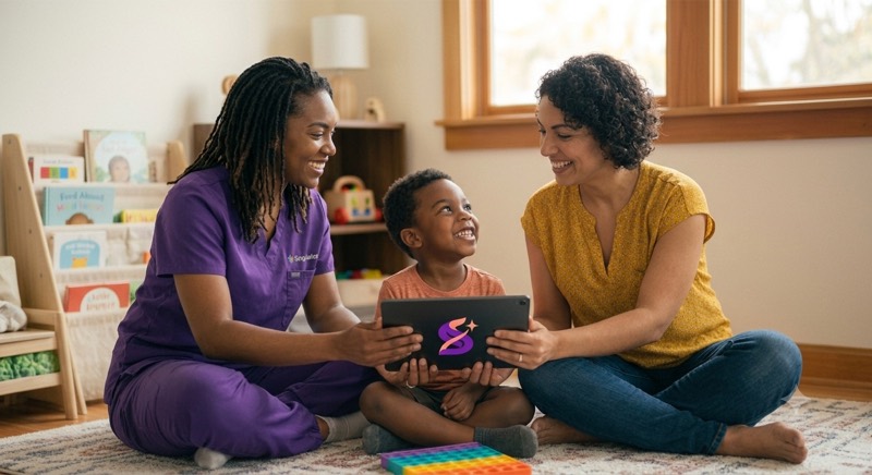 Terapeuta e mãe acompanham uma criança em atendimento, com o Singularis aberto no tablet.