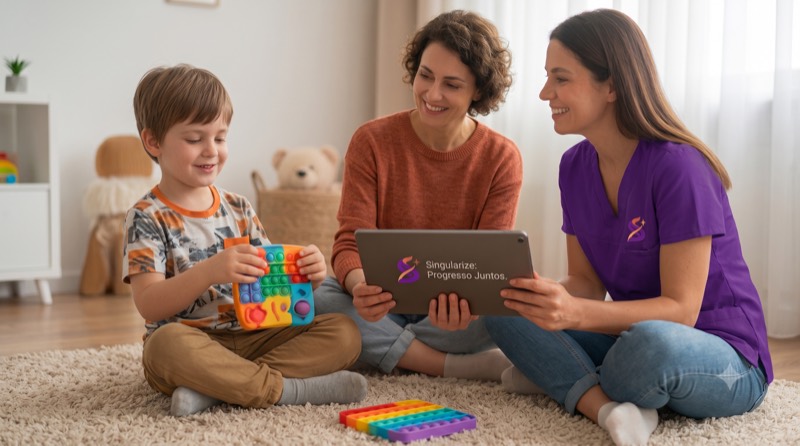 Terapeuta e mãe acompanham uma criança com o Singularis aberto no tablet.