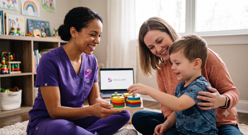 Terapeuta e mãe brincam com encaixe de formas ao lado de uma criança, com tablet.