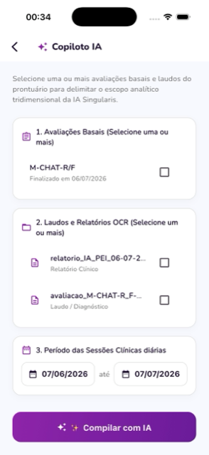 Tela do Copiloto IA do Singularis, selecionando avaliações e laudos para compilar.