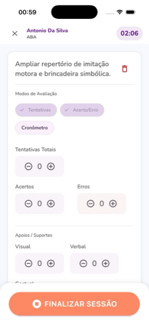 Tela de registro de sessão do Singularis, com cronômetro e contadores de tentativas, acertos e apoios.
